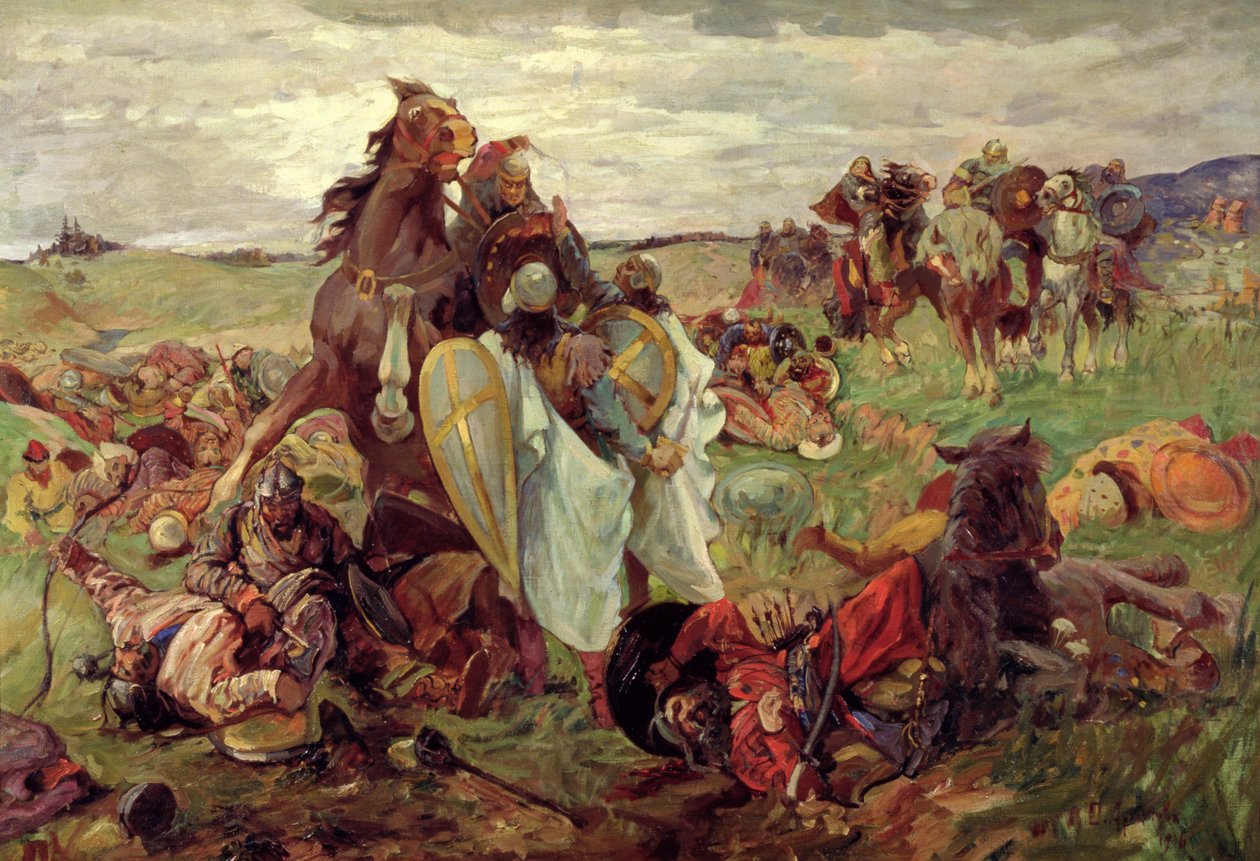 A batalha entre russos e tártaros, 1916 de Sergey Nikolayevich Arkhipov