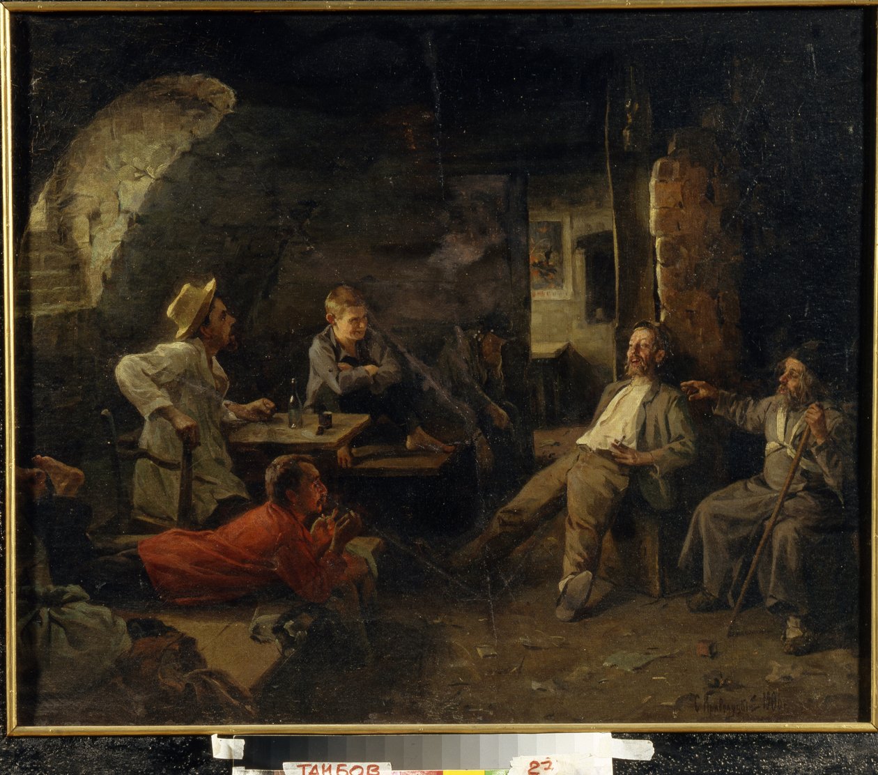 O Asilo Noturno (Dosshouse). Conversa entre os moradores do refúgio. Pintura de Sergey Ivanovich Krivolutsky (1869-1922), óleo sobre tela de Sergey Ivanovich Krivolutsky