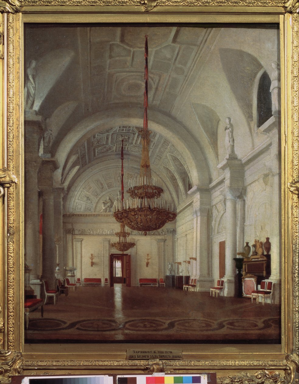 Vista do Salão Branco do Palácio de Inverno em São Petersburgo. Pintura de Sergey (Sergei, Sergei) Konstantinovich Zaryanko (Zarianko) (1818-1870), óleo sobre tela. arte russa de Sergey Konstantinovich Zaryanko