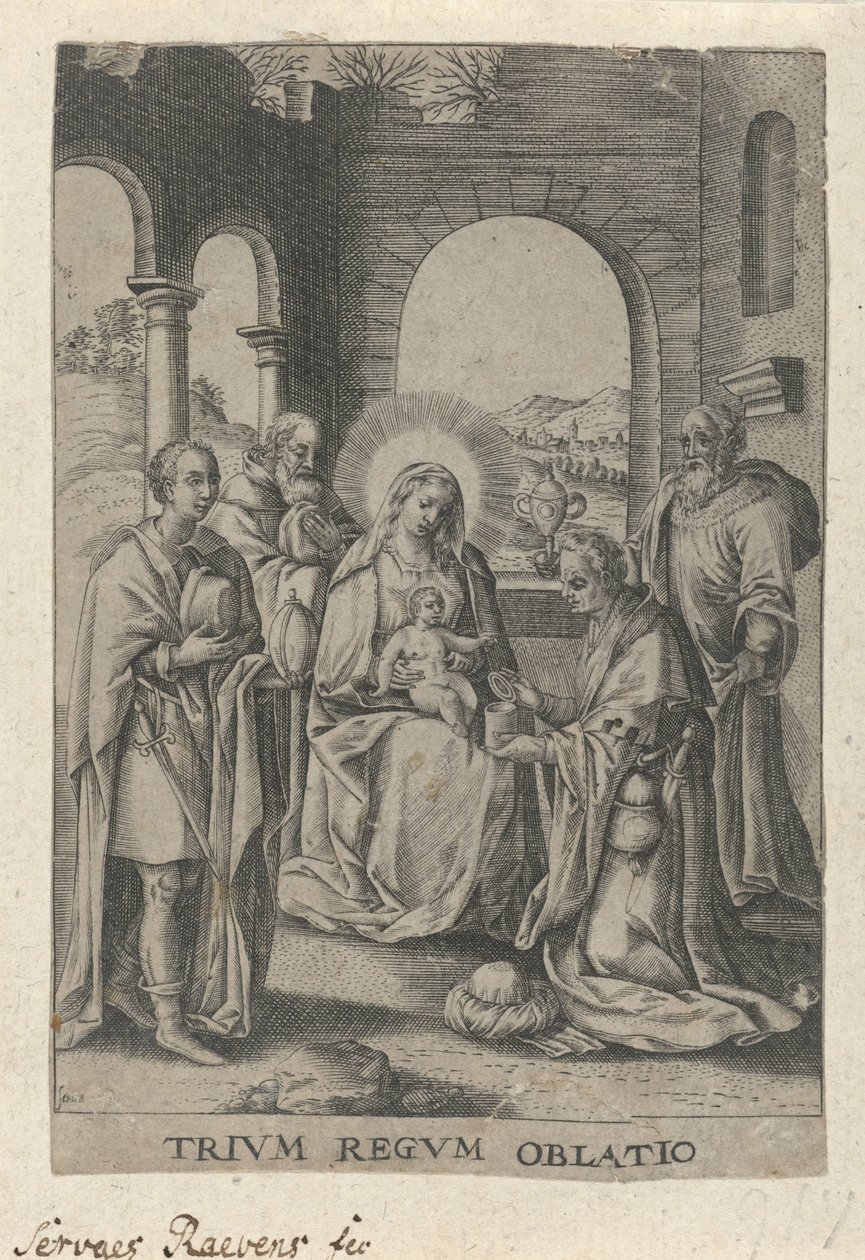 Aanbidding der Koningen
Trium Regum Oblatio (título sobre o objecto) de Servatius Raeven