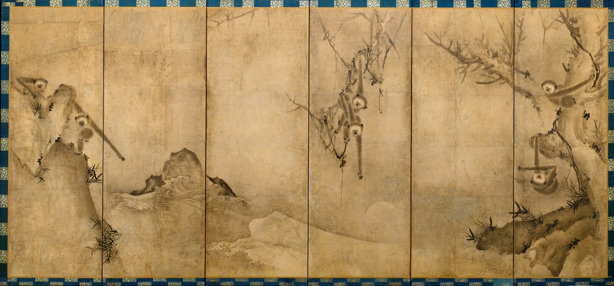 Gibbons em uma paisagem, c.1570 de Sesson Shkei