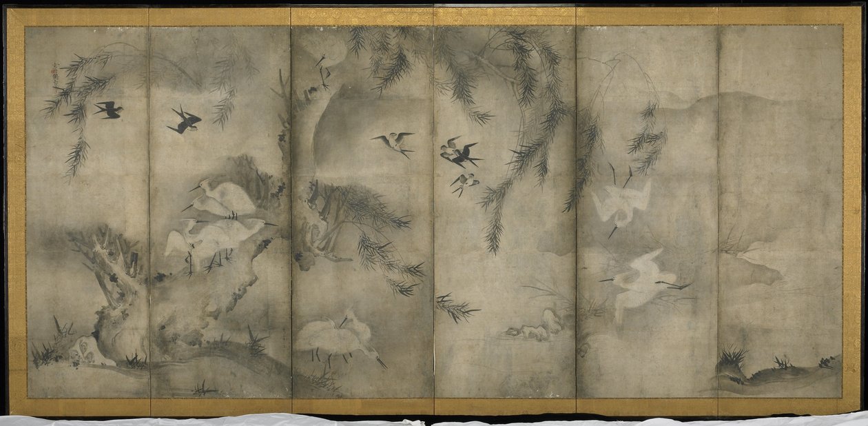Willow, Egrets in Plum and Willow, Tela dobrável de seis painéis (tinta no papel) de Sesson Shkei