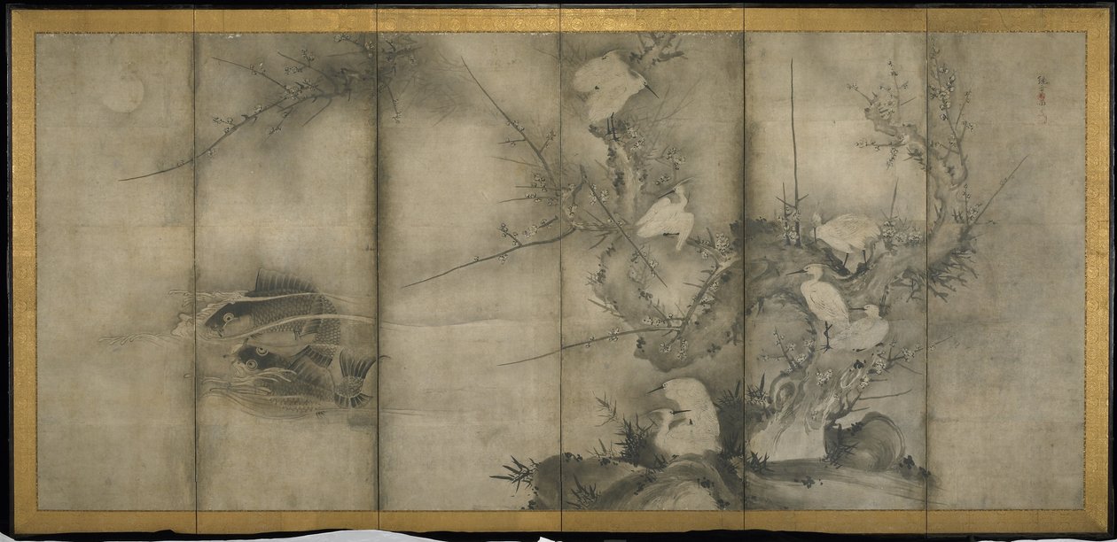 Willow, Egrets in Plum and Willow, Tela dobrável de seis painéis (tinta no papel) de Sesson Shkei