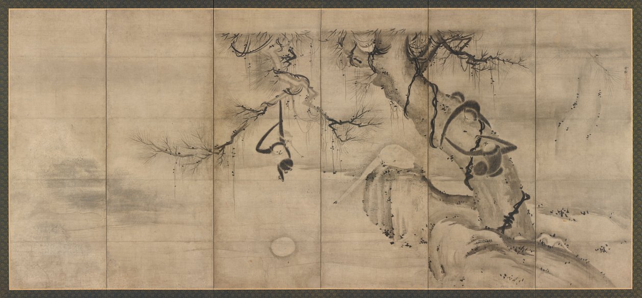Macacos e árvores na margem do rio, período Momoyama, meados do final do século XVI. de Sesson Shukei