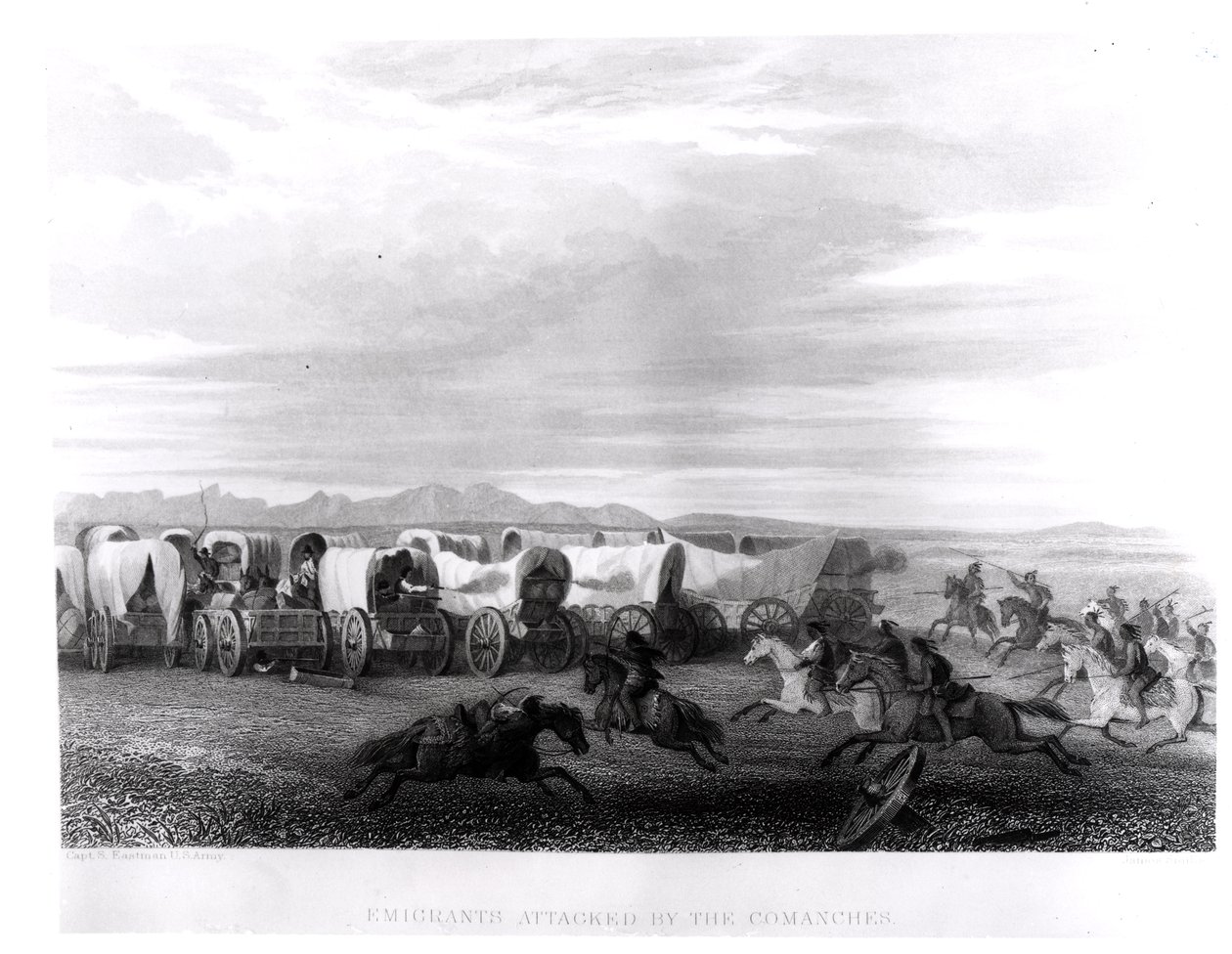 Emigrantes atacados pelos comanches, gravados por John Smith de Captain Seth Eastman