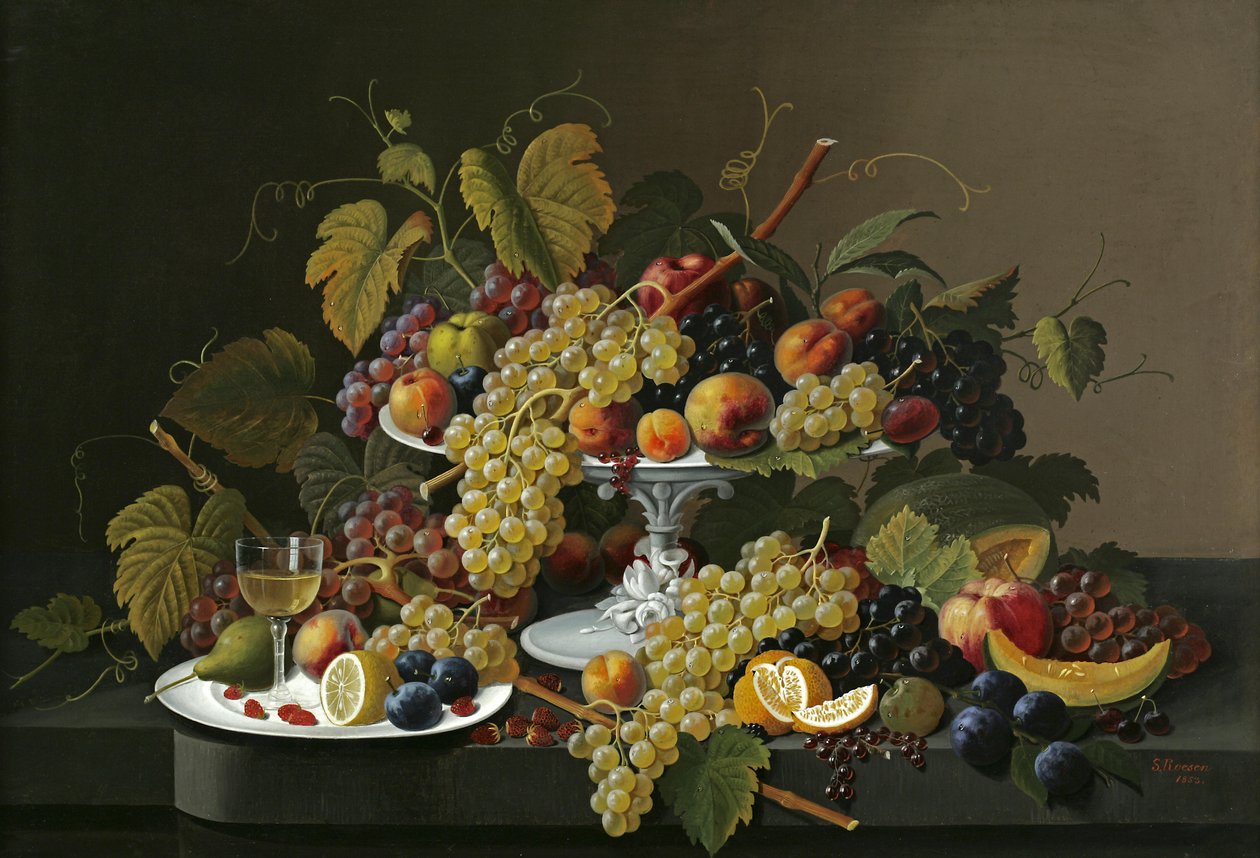 Ainda vida de frutas e vinho em uma tabela de Severin Roesen
