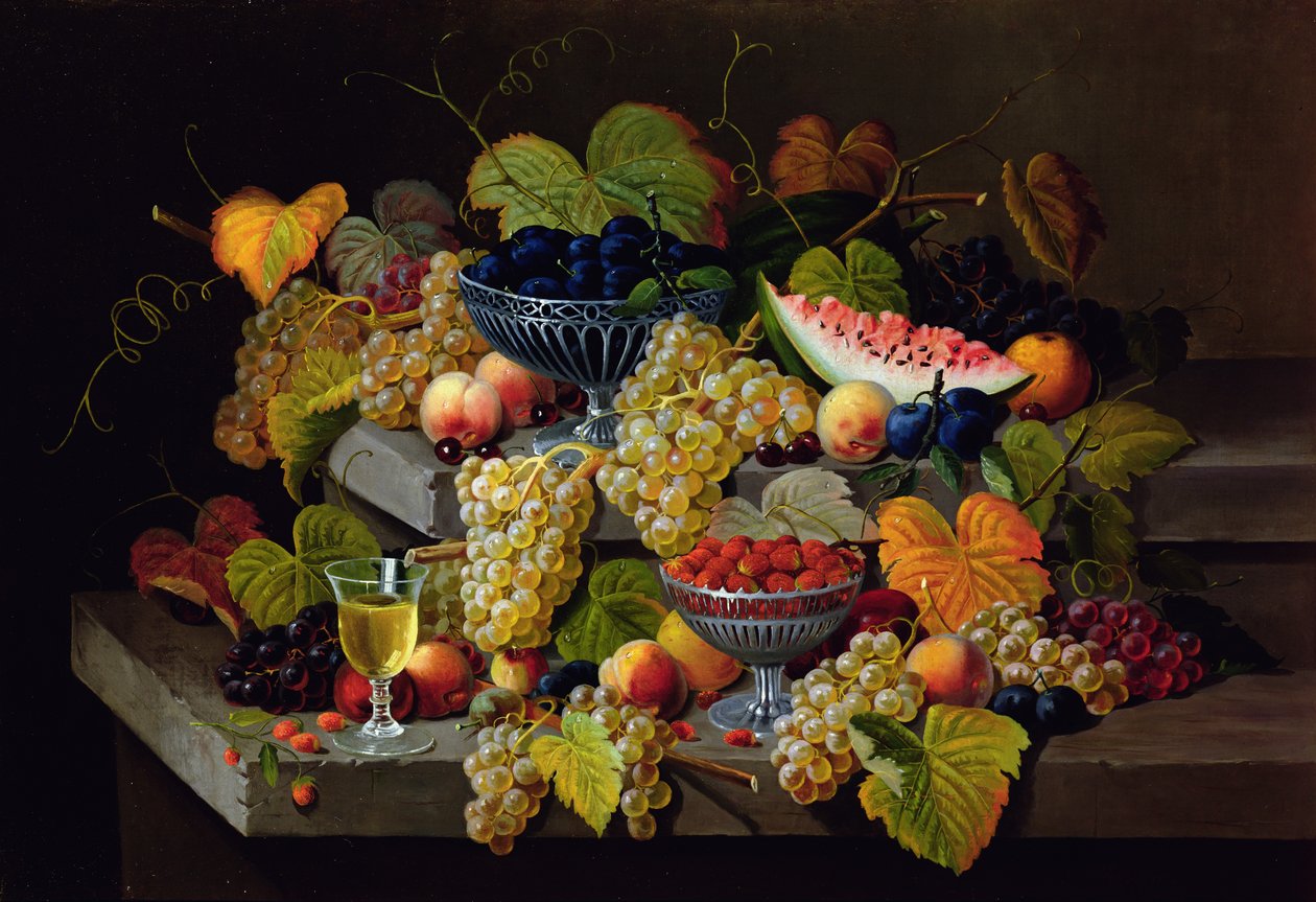 Ainda vida de melão, ameixas, uvas, pêssegos, cerejas, morangos etc em bordas de pedra de Severin Roesen