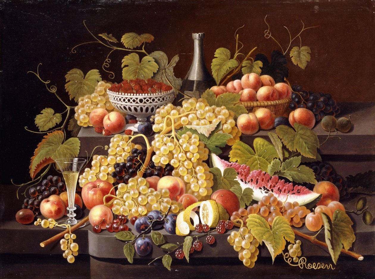 Ainda vida com frutas e champanhe, de Severin Roesen