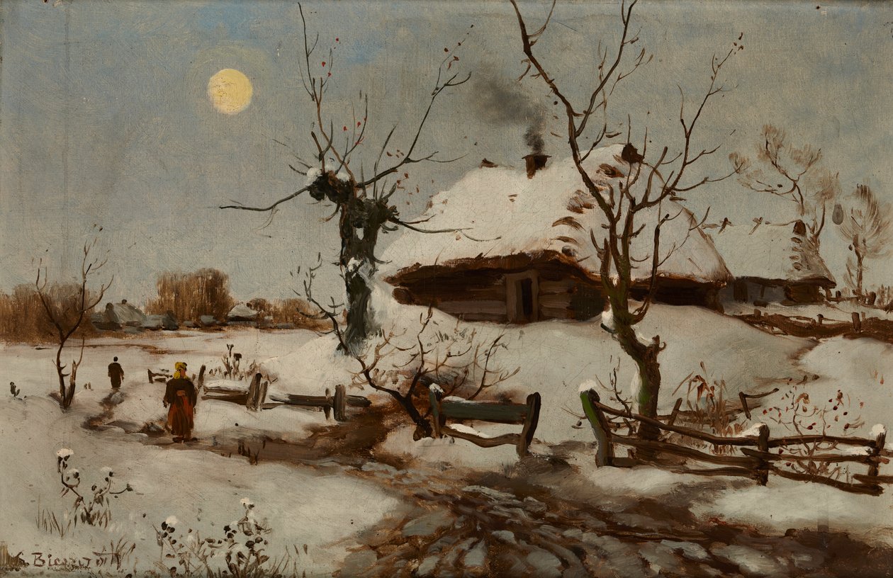 Casas de campo na neve (óleo sobre tela) de Seweryn Bieszczad