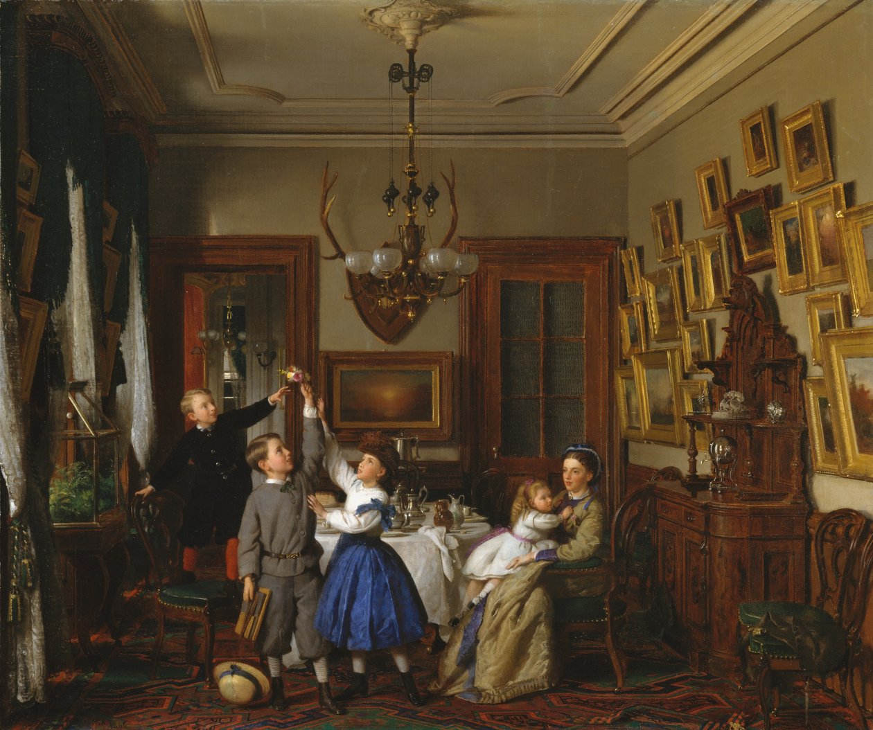 O concurso para o buquê: a família de Robert Gordon em sua sala de jantar em Nova York de Seymour Joseph Guy