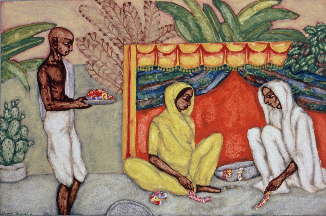 Garland Making, 1986 (wc em papel) de Shanti Panchal