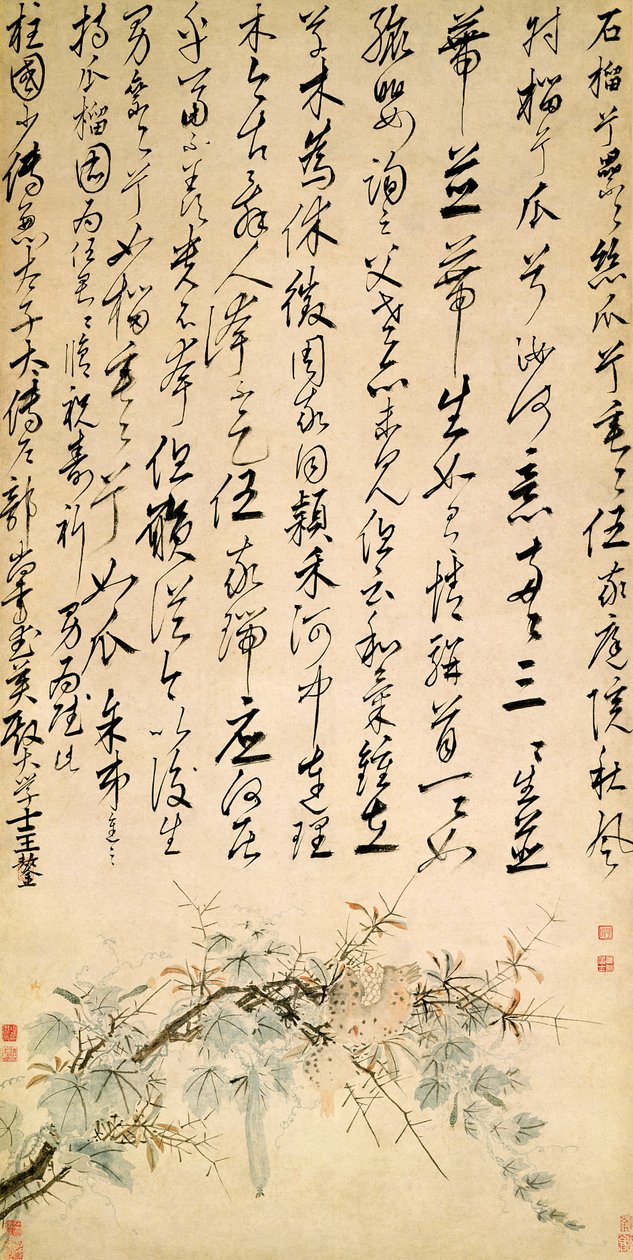 Ode à Romã e Melon Vine, c.15061509 (caneta e tinta e wc no papel) de Shen Zhou