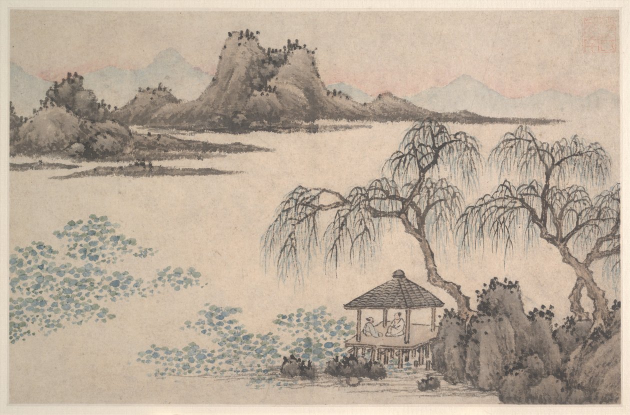 Paisagem com pavilhão e salgueiros (folha de álbum; tinta e cor sobre papel) de Shen (attr.to) Zhou