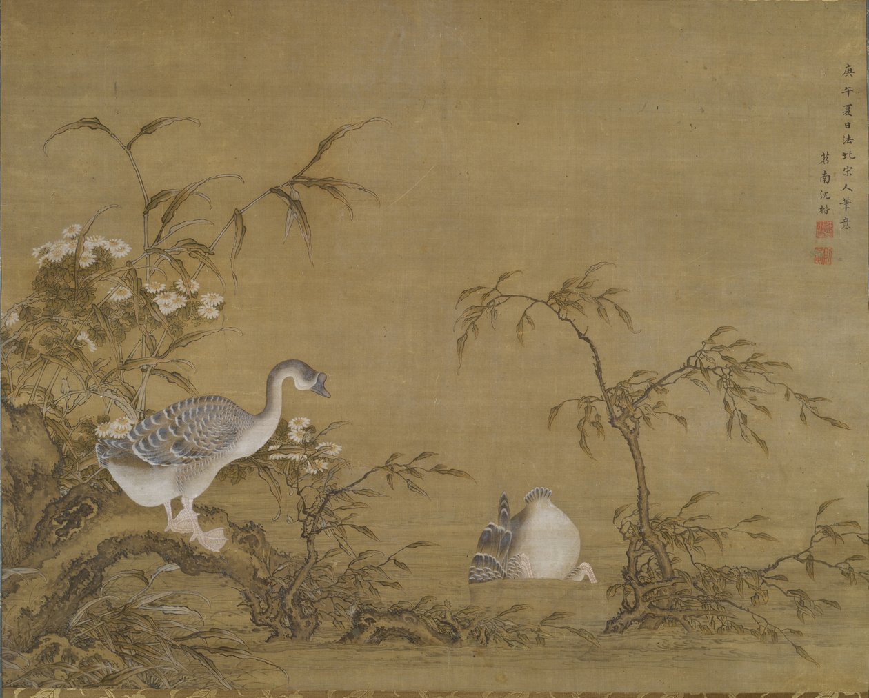 Gansos em uma margem do rio, dinastia Qing de Shen Kai