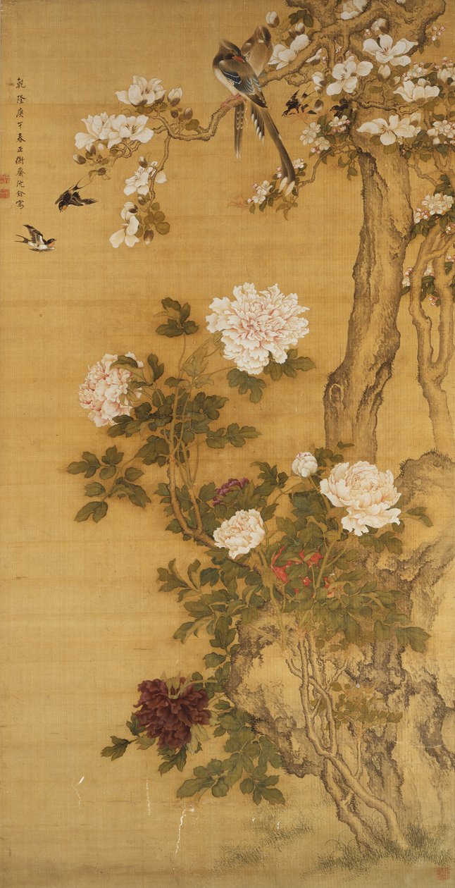Peónias, pássaros e magnólia, rolo suspenso, dinastia Qing (cor sobre seda) de Shen Quan