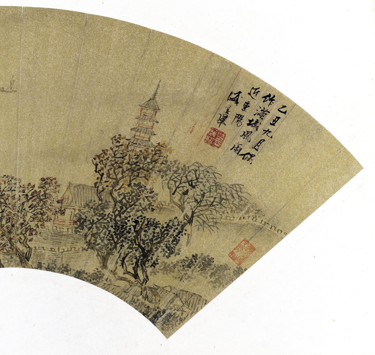 Detalhe da paisagem com pagode, casas e barcos, 1625 (tinta e cores em papel dourado) de Sheng Maoye