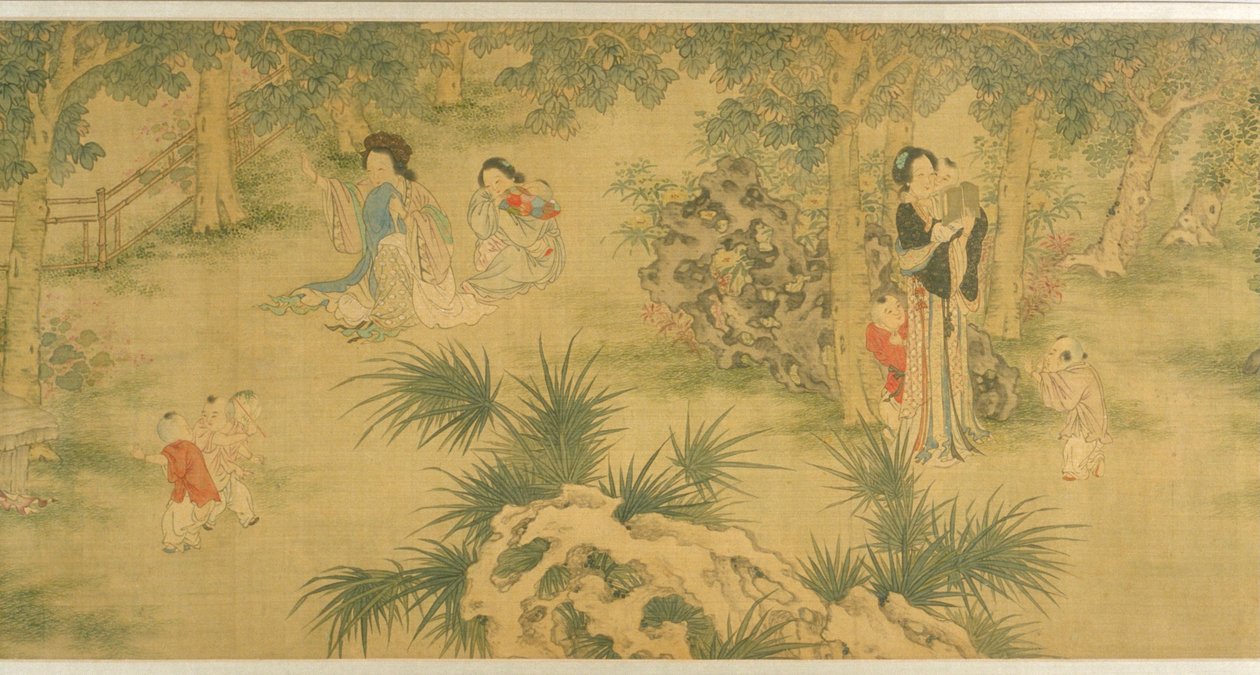 Mulheres e Crianças num Jardim (tinta e cor sobre seda) de Shi Wang