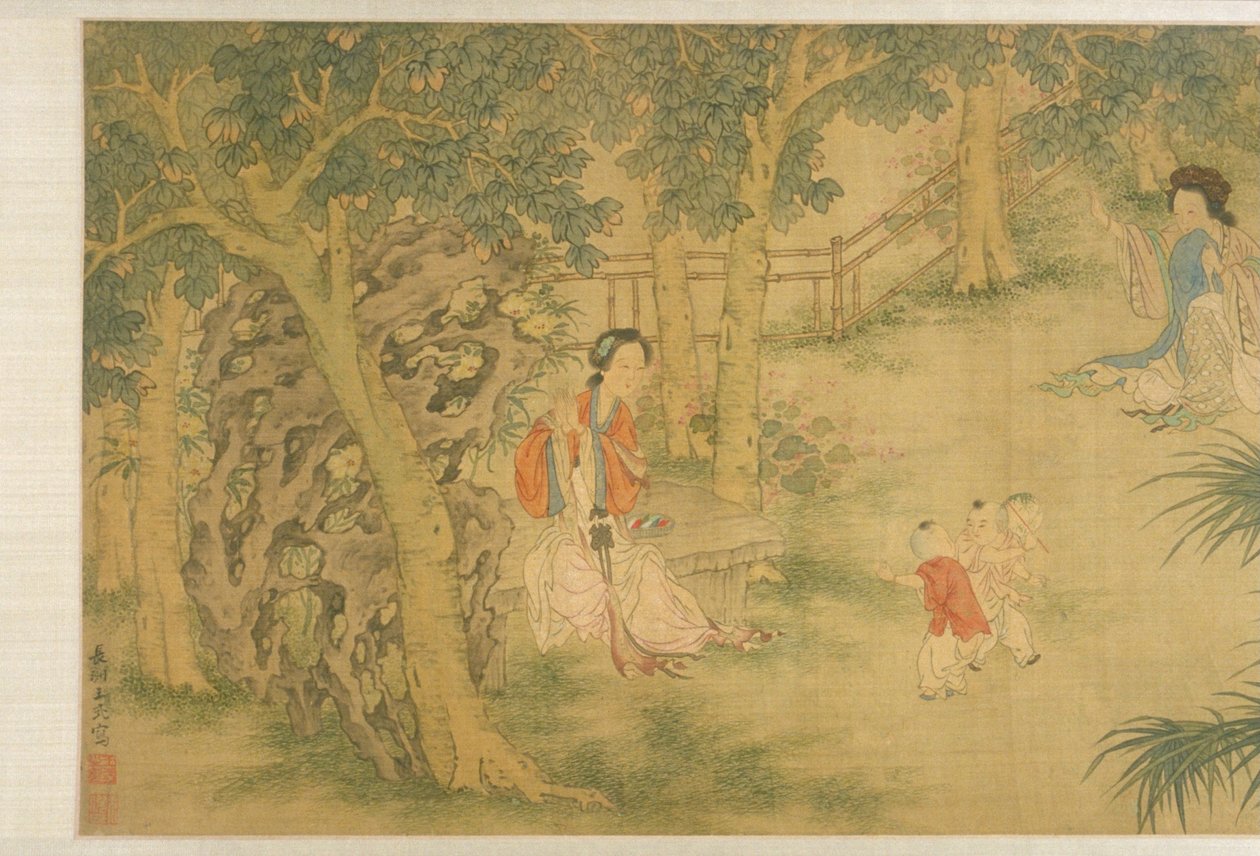 Mulheres e Crianças num Jardim (tinta e cor sobre seda) de Shi Wang