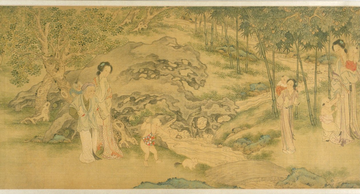 Mulheres e Crianças num Jardim (tinta e cor sobre seda) de Shi Wang