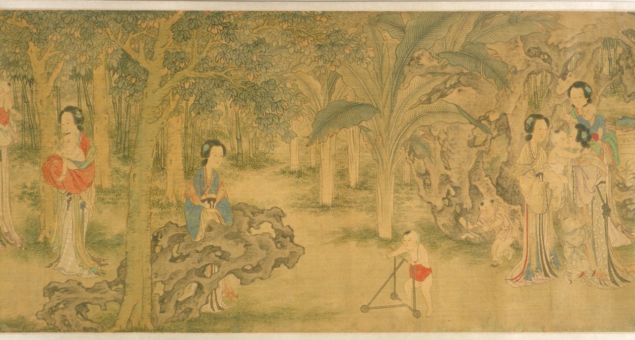 Mulheres e Crianças num Jardim (tinta e cor sobre seda) de Shi Wang