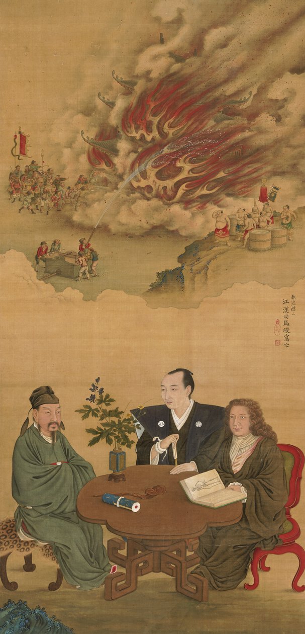 Pergaminho pendurado representando uma reunião do Japão, China e Ocidente, de Shiba Kokan
