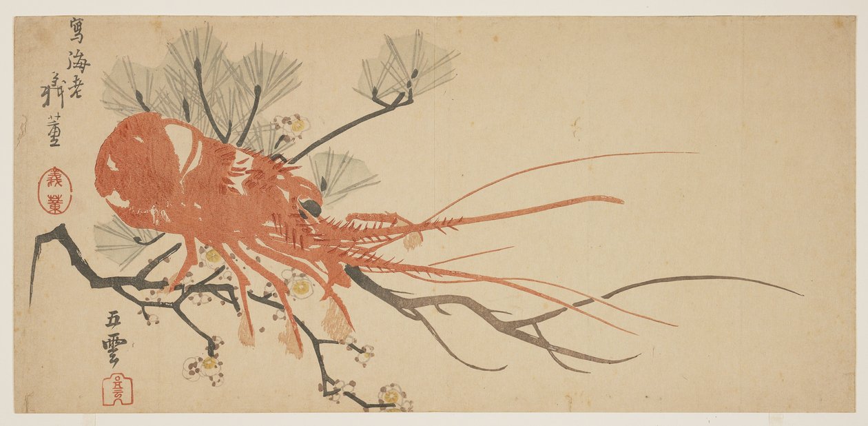Ramo de lagosta, ameixa e pinho, c.1818 (impressão em xilogravura a cores) de Shibata Git