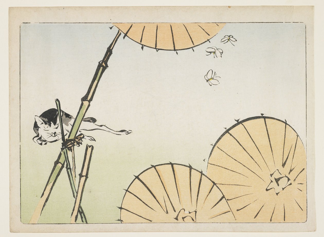 (Bambu, guarda-chuvas, um gato e borboletas), c. 1877 de Shibata Zeshin