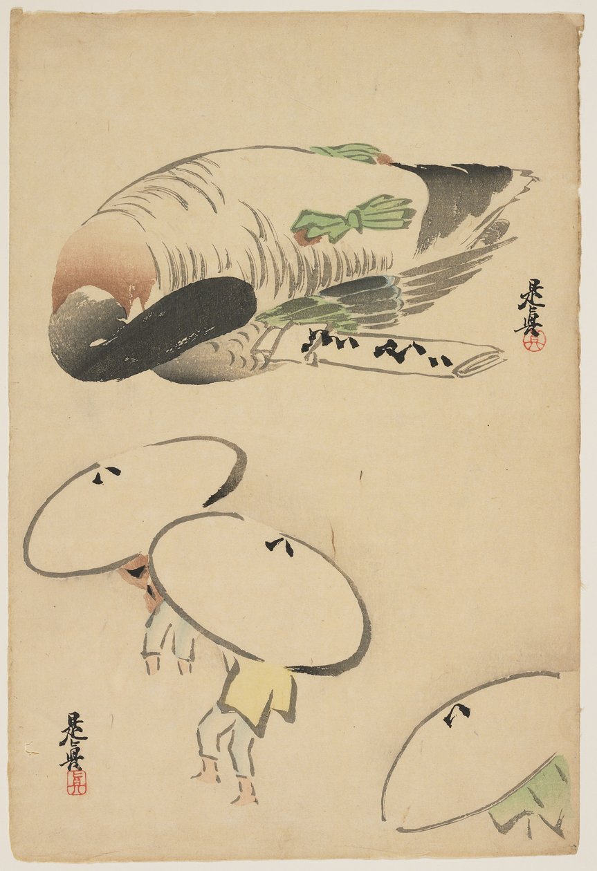 (PheasantTrês homens com guarda-chuvas) de Shibata Zeshin