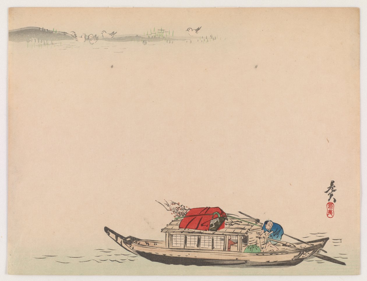 Um barco no rio (impressão em xilogravura a cores) de Shibata Zeshin
