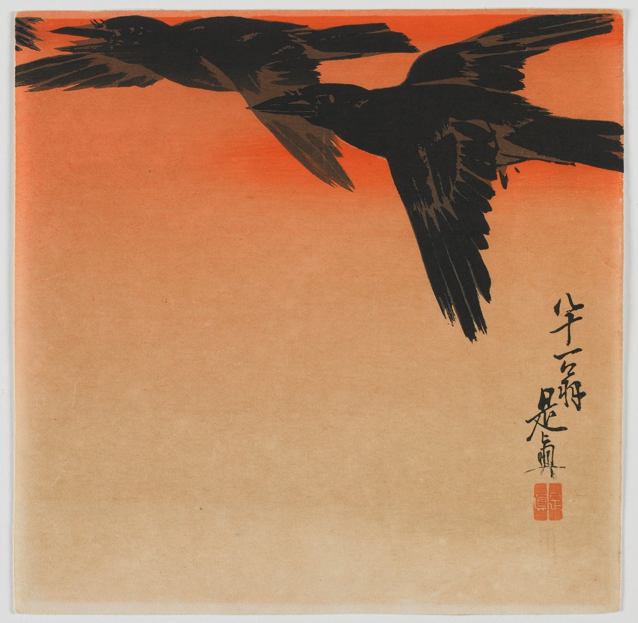 Corvos no crepúsculo, era Meiji, final do século XIX (impressão em xilogravura a cores) de Shibata Zeshin