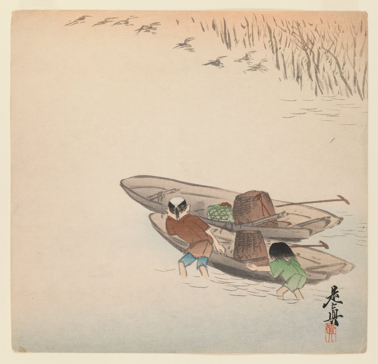 Pescador com menino e barcos da série Hana Kurabe, c.1880 (impressão de cor woodblock) de Shibata Zeshin