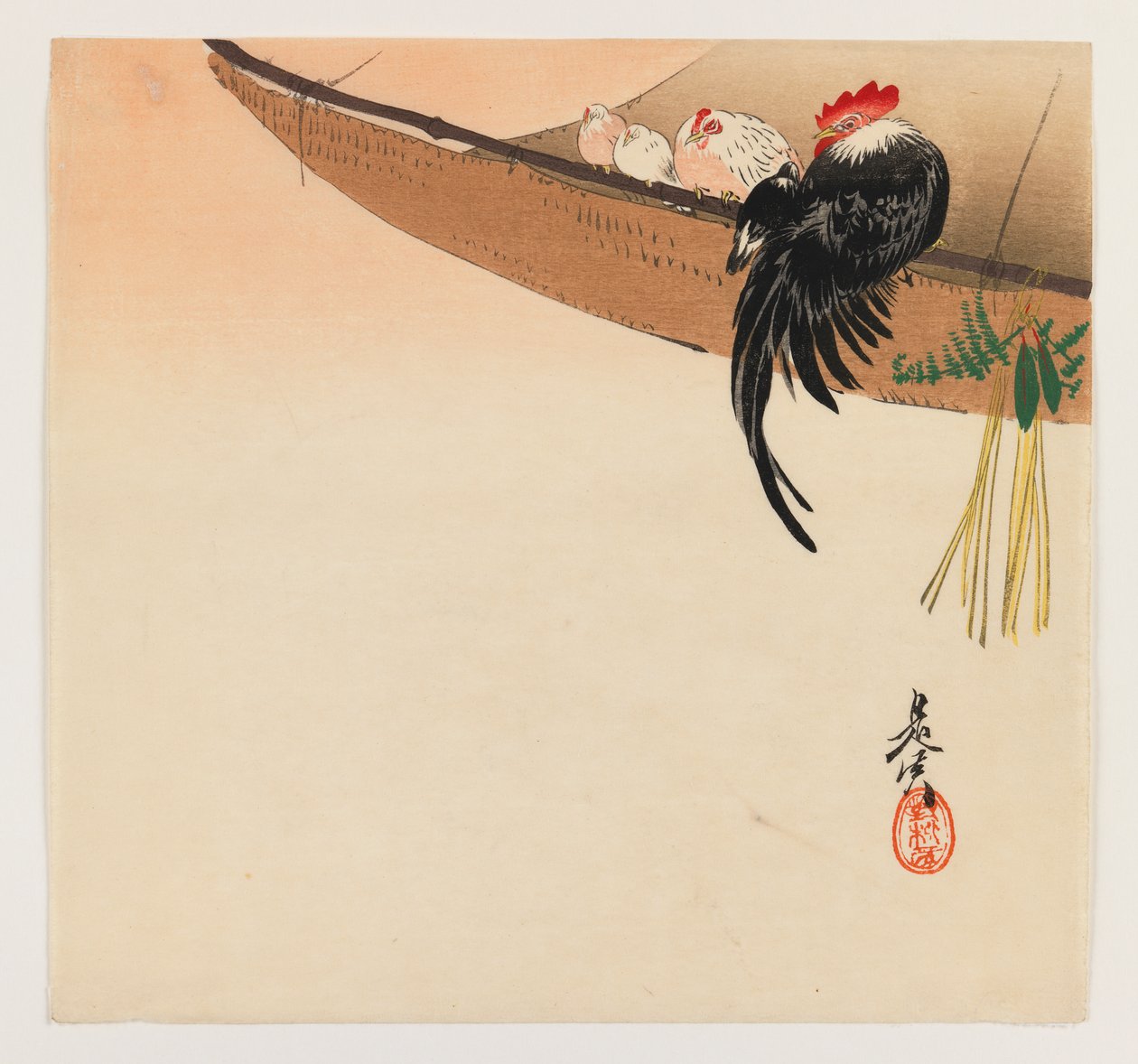 Galinhas e Galo com Rede da Série Hana Kurabe, c.1880 (xilogravura colorida) de Shibata Zeshin