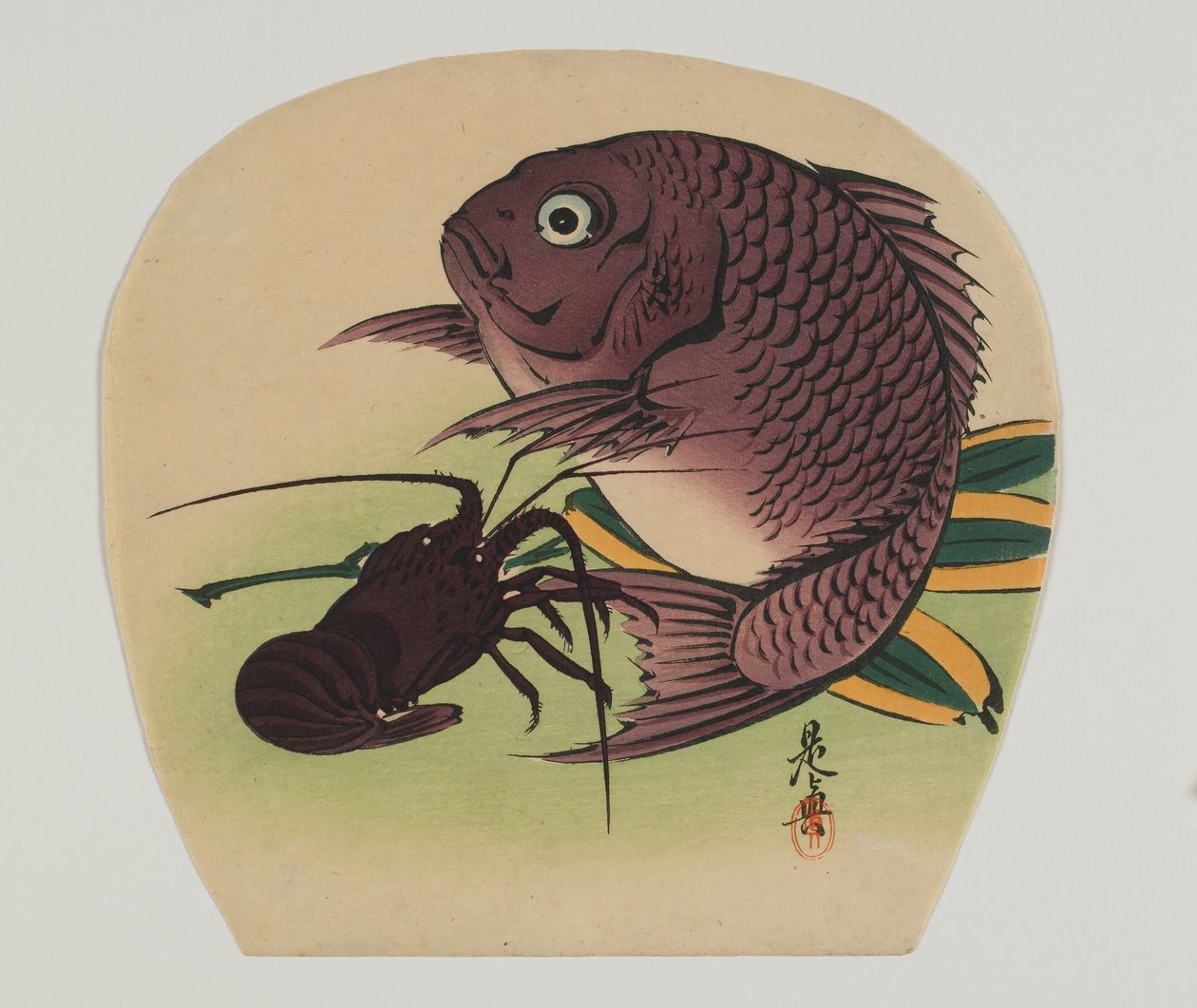 Imprima para um uchiwa; carpa e lagosta, era Meiji, final do século XIX; de Shibata Zeshin