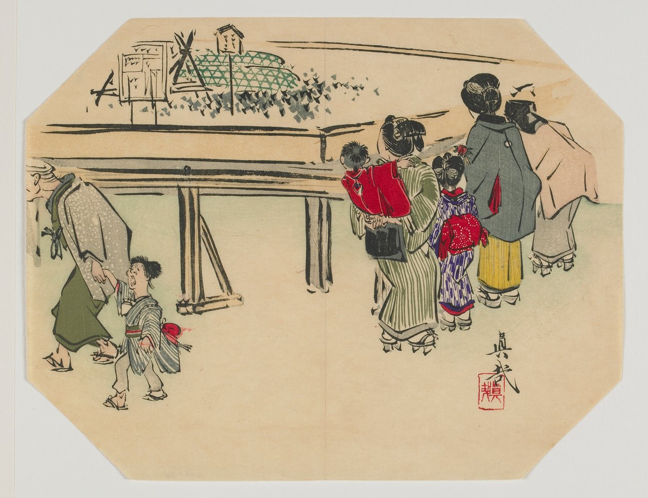 Imprima para um uchiwa, mulheres e crianças, era de Meiji, recente século de 19 (impressão de woodblock de cor) de Shibata Zeshin