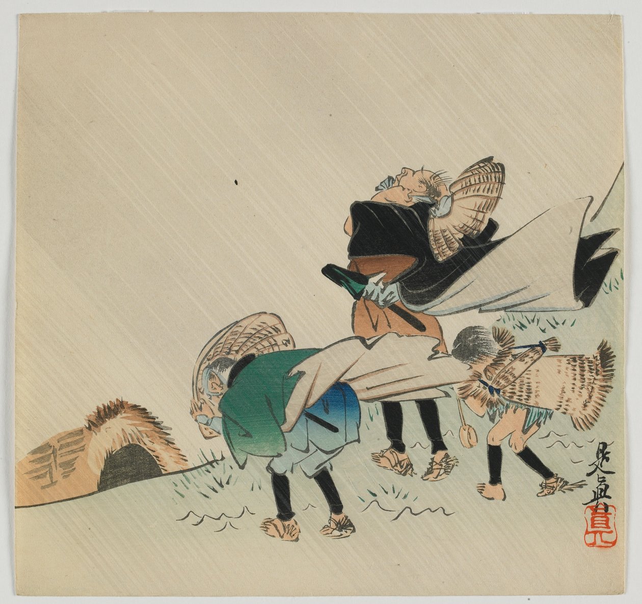 Três viajantes pegaram ao vento, era de Meiji, fim do século 19 (impressão de woodblock de cor) de Shibata Zeshin