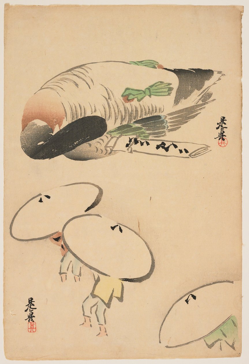Faisão / Três homens com guarda-chuvas de Shibata Zeshin