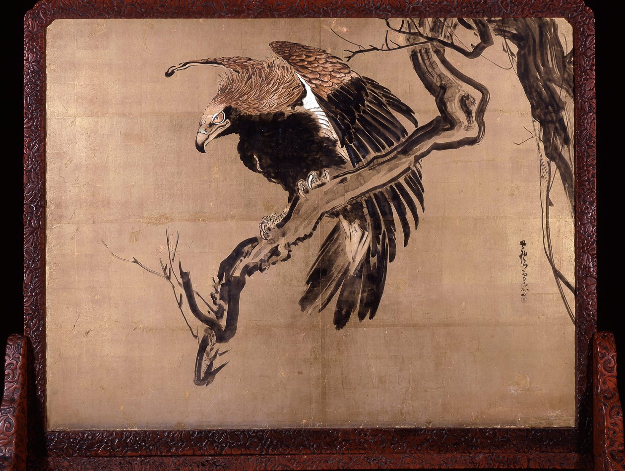 Carpa nas ondas (Zeshin) e águia num ramo (verso de Rosetsu) de Shibata Zeshin