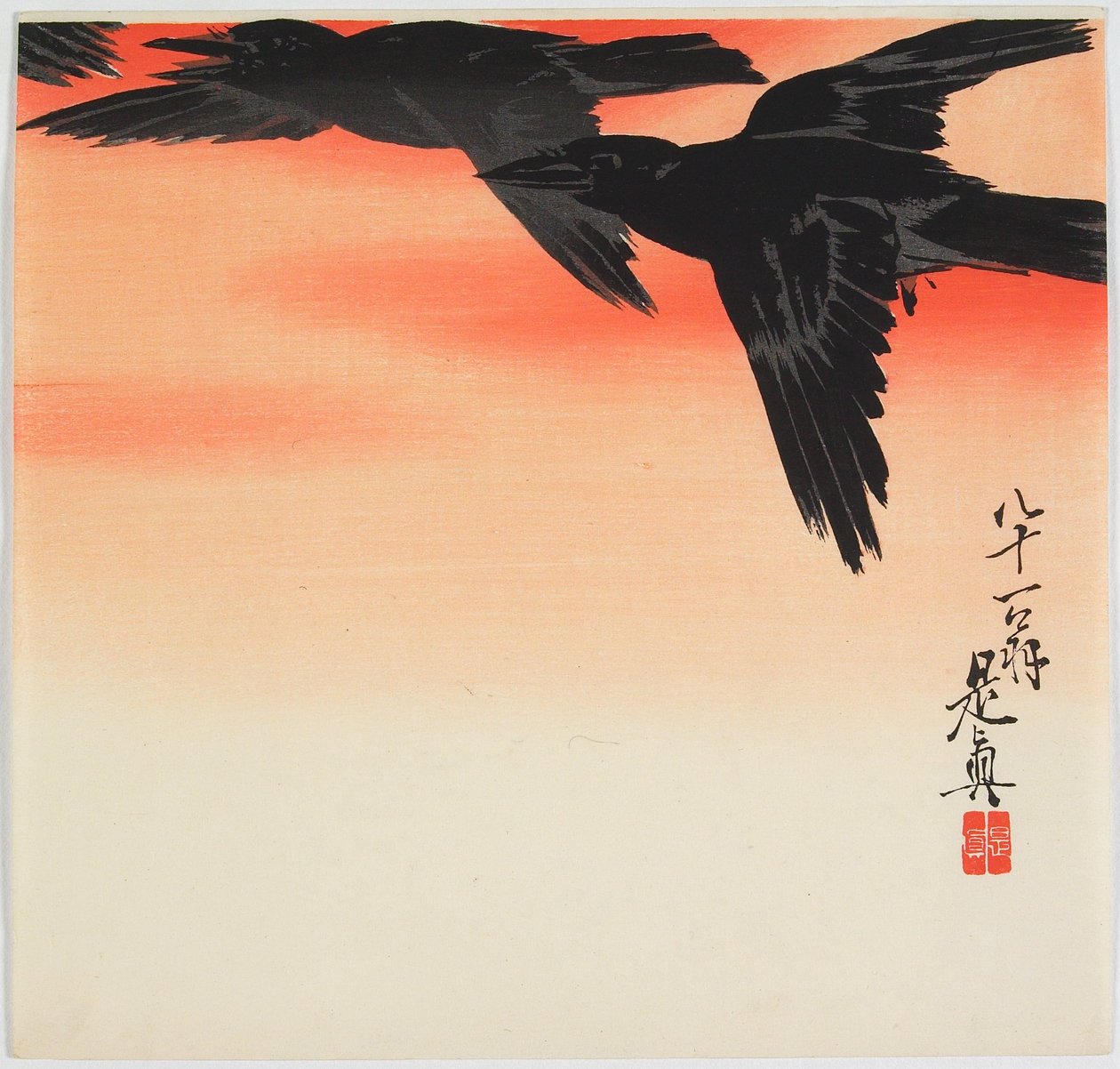 Corvos a voar ao pôr do sol de Shibata Zeshin