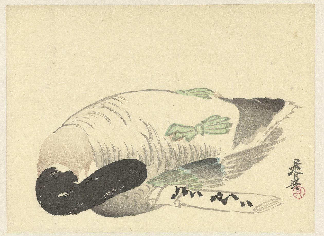 Pato morto ao lado de carta dobrada de Shibata Zeshin