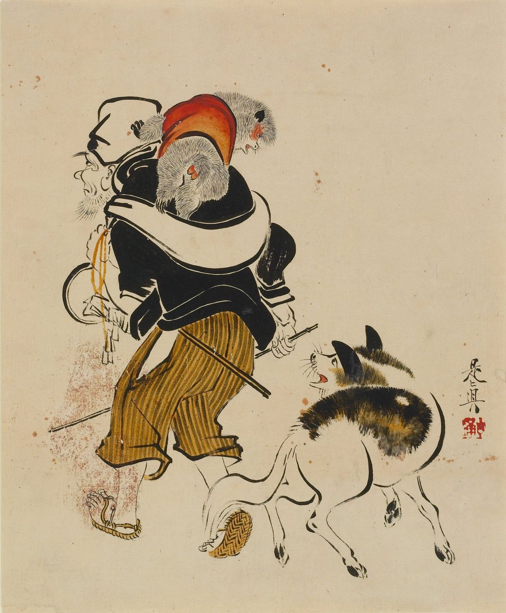 Cão a ladrar a um domador de macacos de Shibata Zeshin