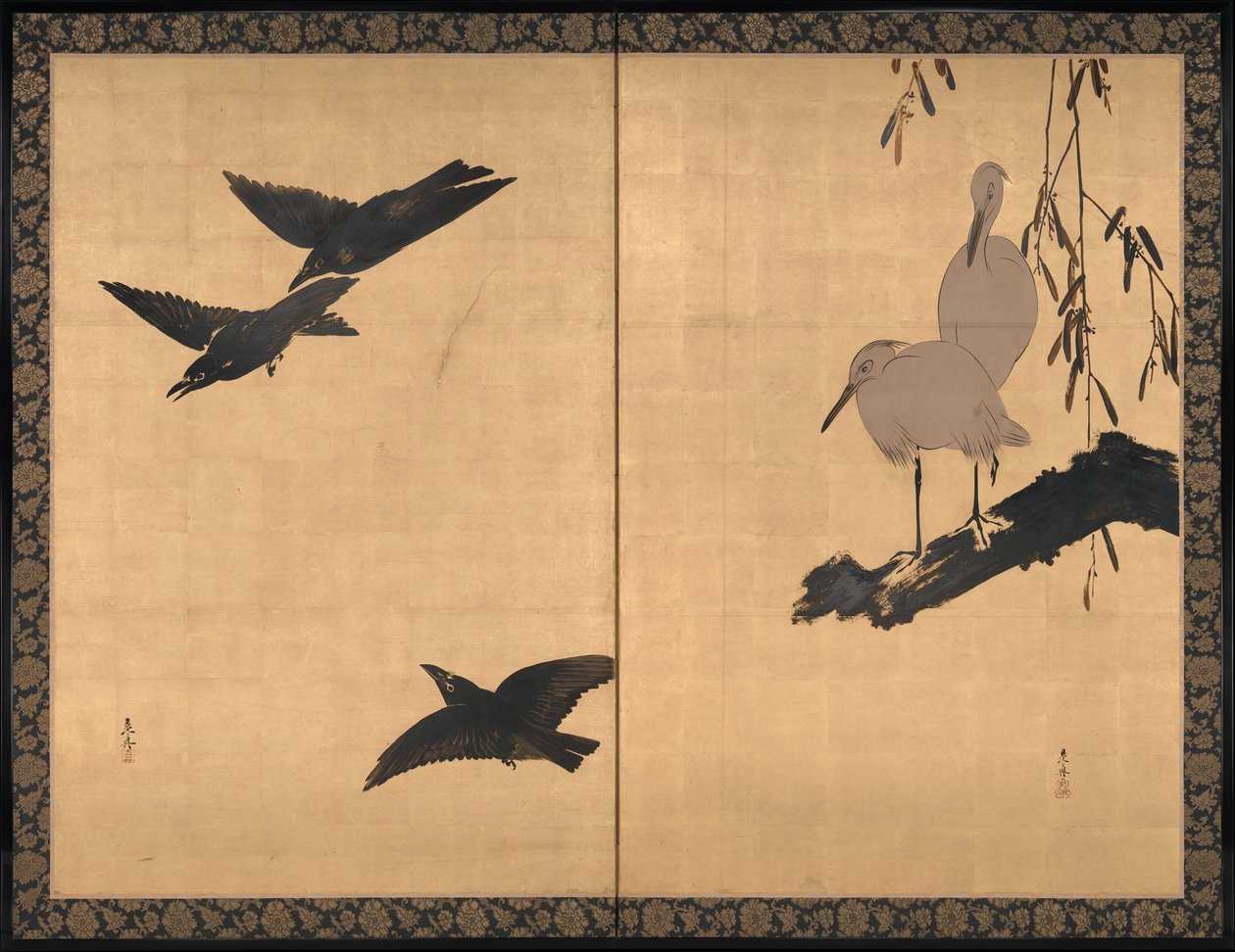 Garças-brancas e corvos de Shibata Zeshin