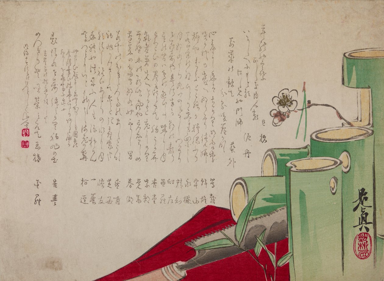 Frascos de bambu e texto de Shibata Zeshin