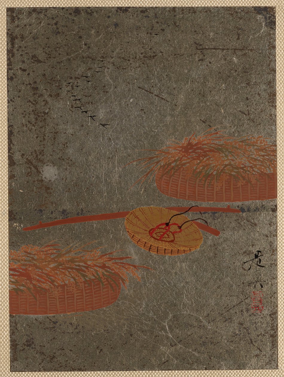 Cestos de flores e chapéu de camponês de Shibata Zeshin