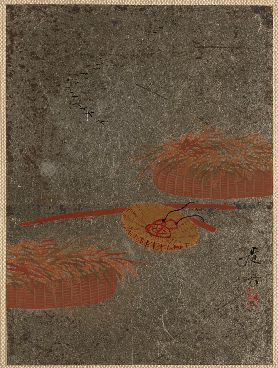 Cestas de flores e chapéu de agricultores, ca. 1880s. de Shibata Zeshin