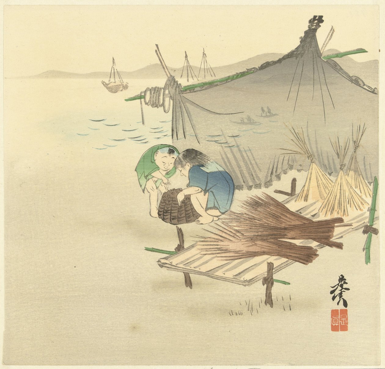 Crianças em uma rede de pesca de Shibata Zeshin