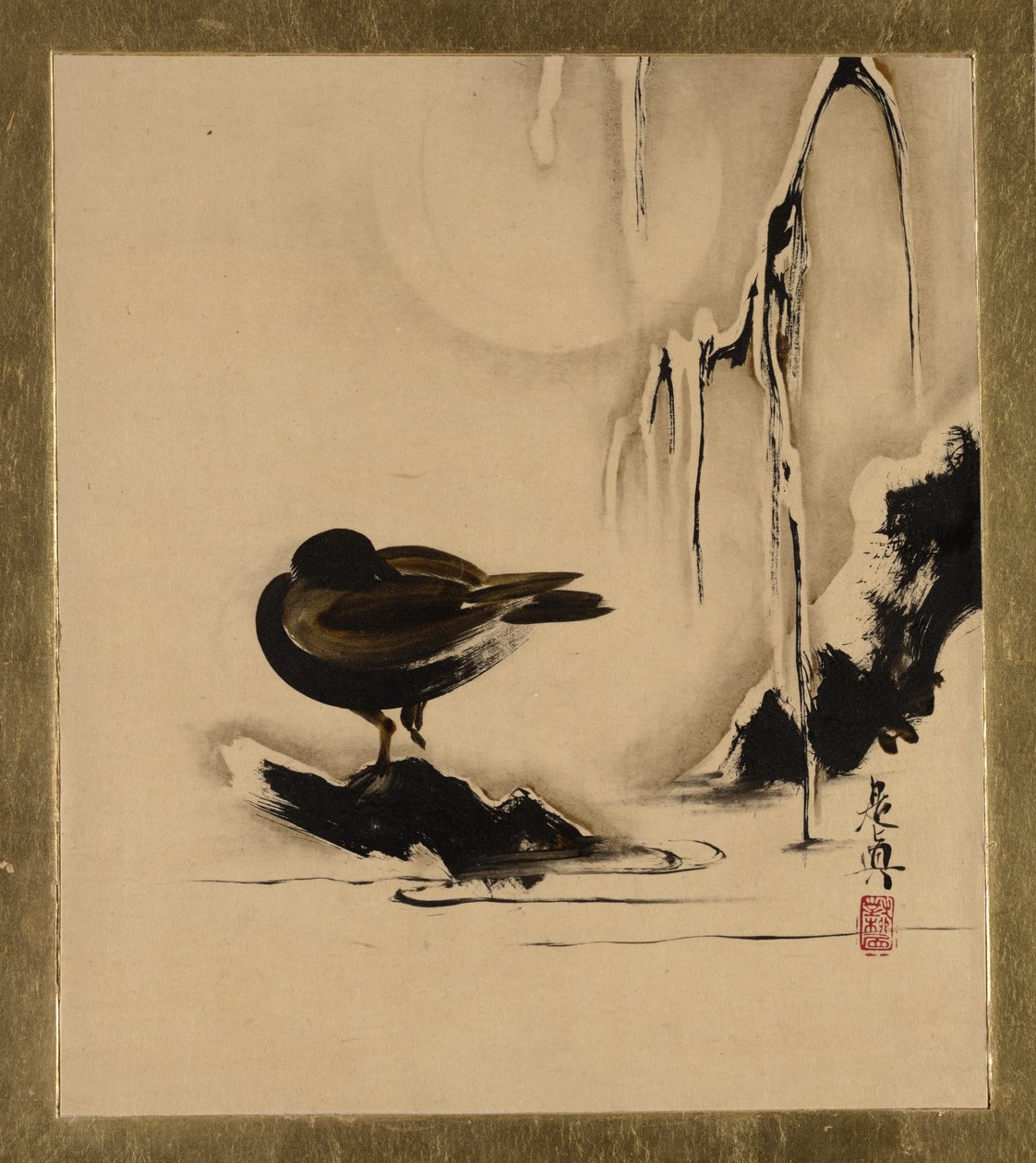 Pinturas em laca de vários temas: pássaro e salgueiro na neve de Shibata Zeshin