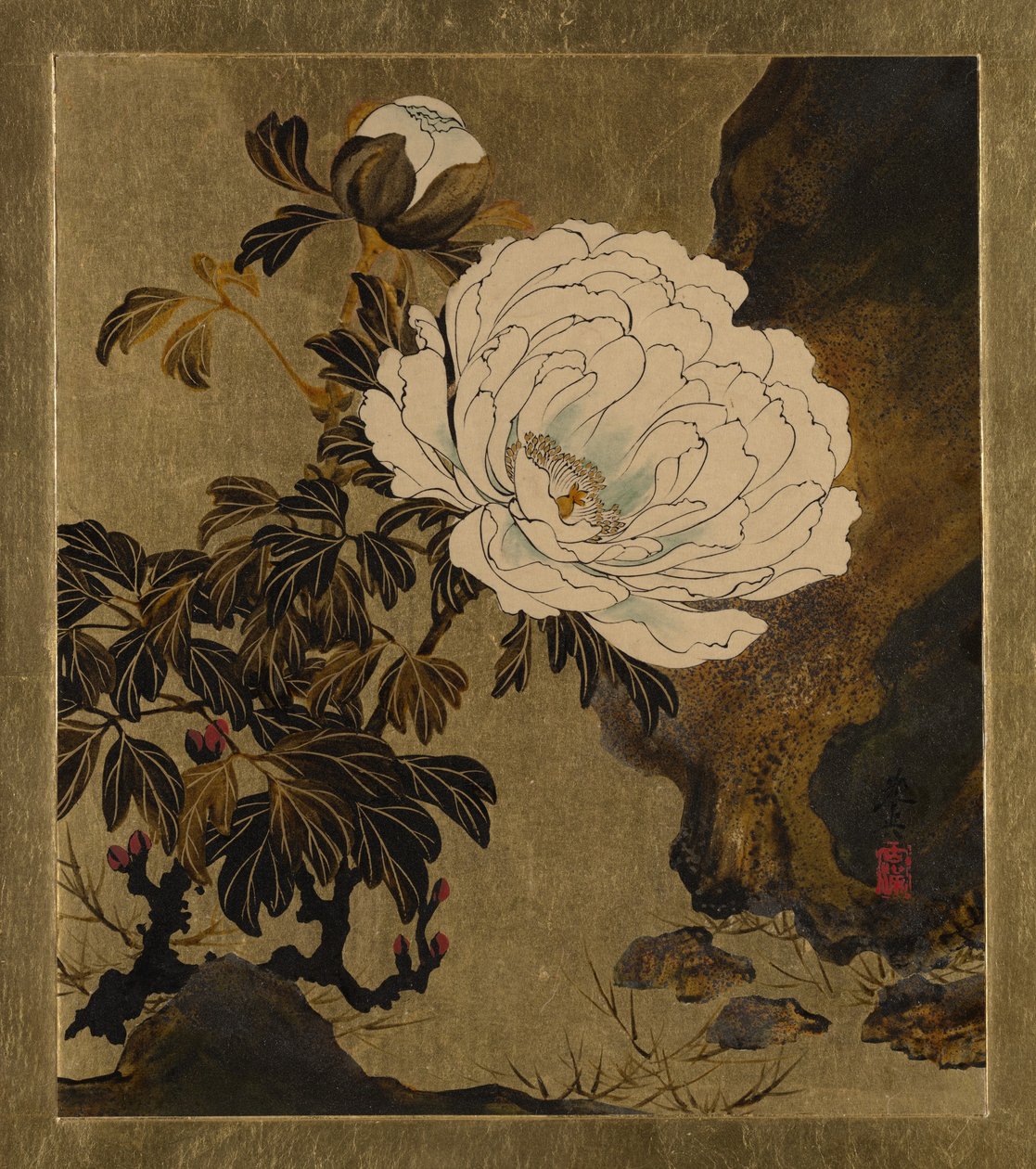 Pinturas em laca de vários temas: peónias de Shibata Zeshin