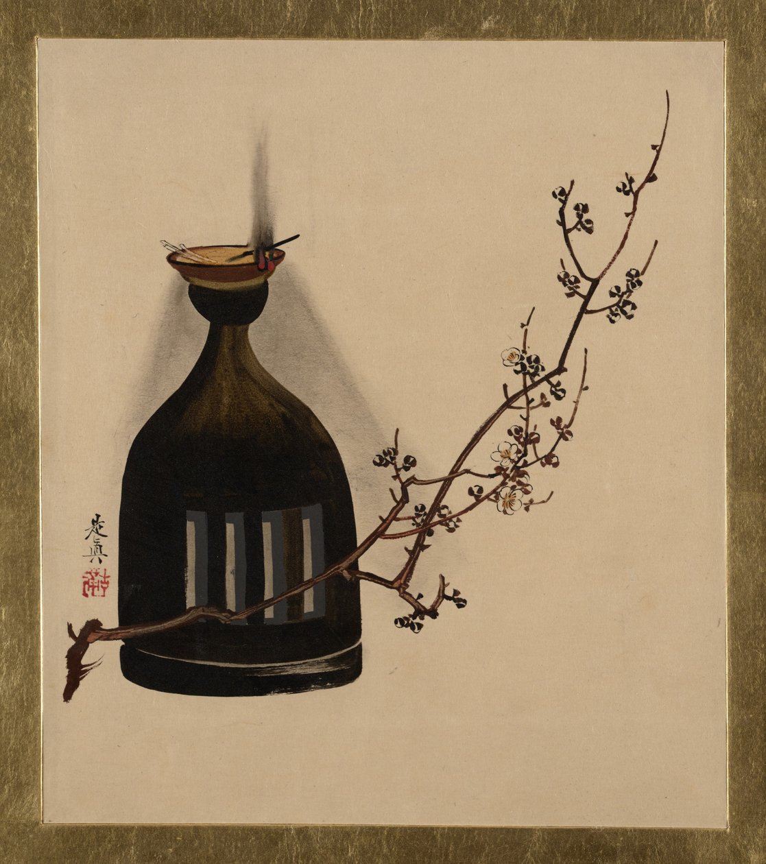 Pinturas em laca de vários assuntos: Ramo de Ameixa com Lâmpada a Óleo, 1882. de Shibata Zeshin