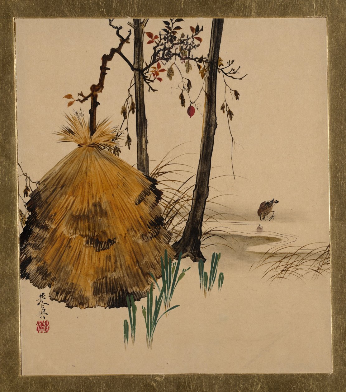 Pinturas em laca de vários temas: abrigo de neve para uma árvore com pardal de Shibata Zeshin