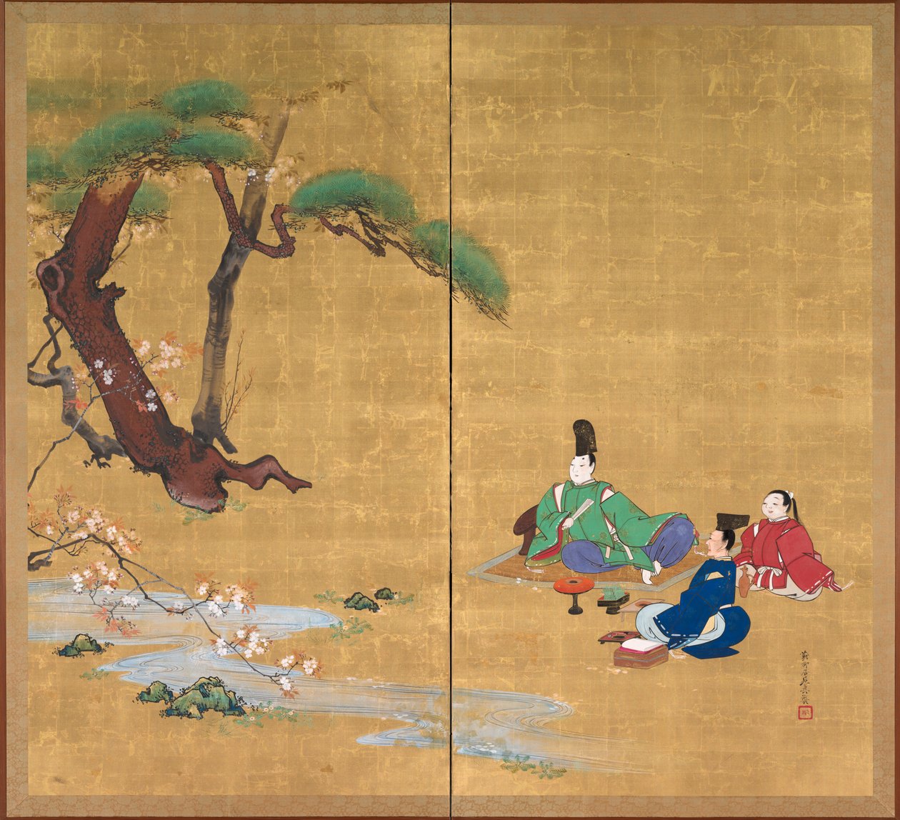 Narihira Vendo as flores de cerejeira, no final de 1800. de Shibata Zeshin